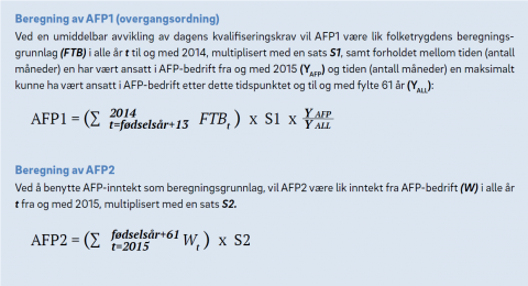 Formler for beregning av AFP1 og AFP2, de to komponentene som Reformert AFP vil bestå av